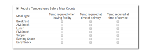 Mark specific meals as requiring food temperature entry prior to meal count entry (afterschool or summer sites only)