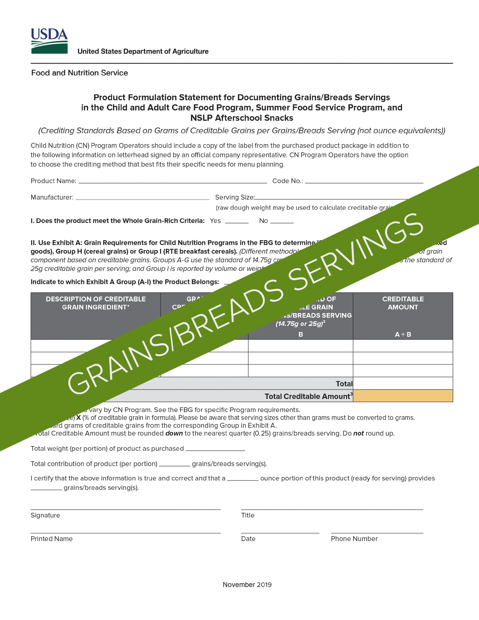 USDA Product Formulation Statement Template for Grains/Breads Servings