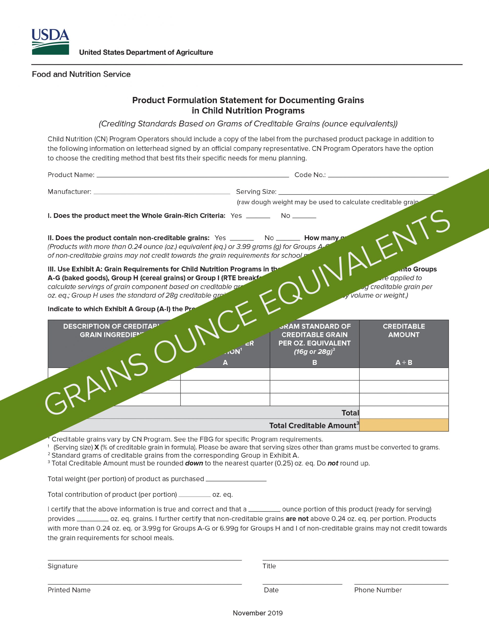 USDA Product Formulation Statement Template for Grain Ounce Equivalents