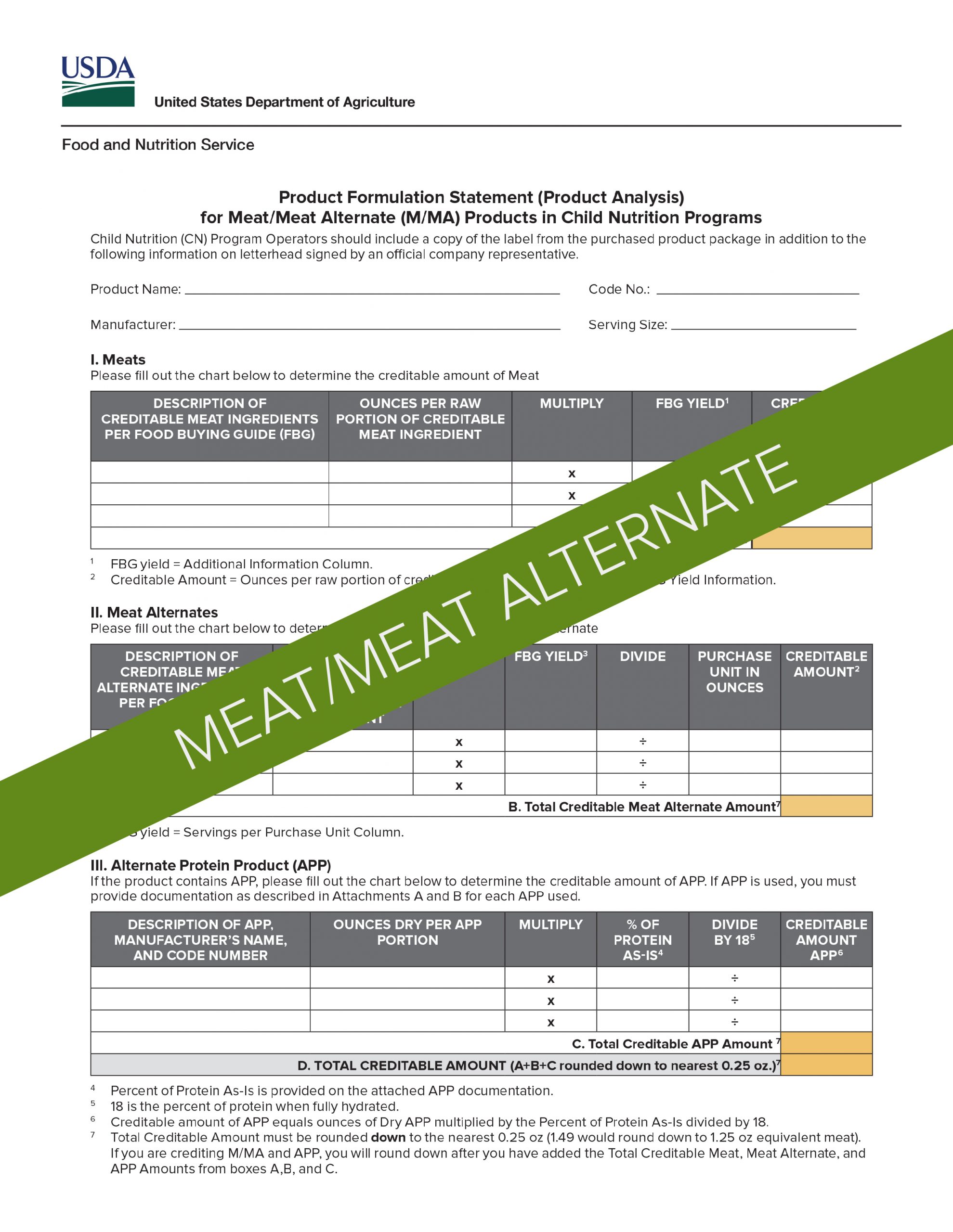 USDA Product Formulation Statement Template for Meat/Meat Alternate