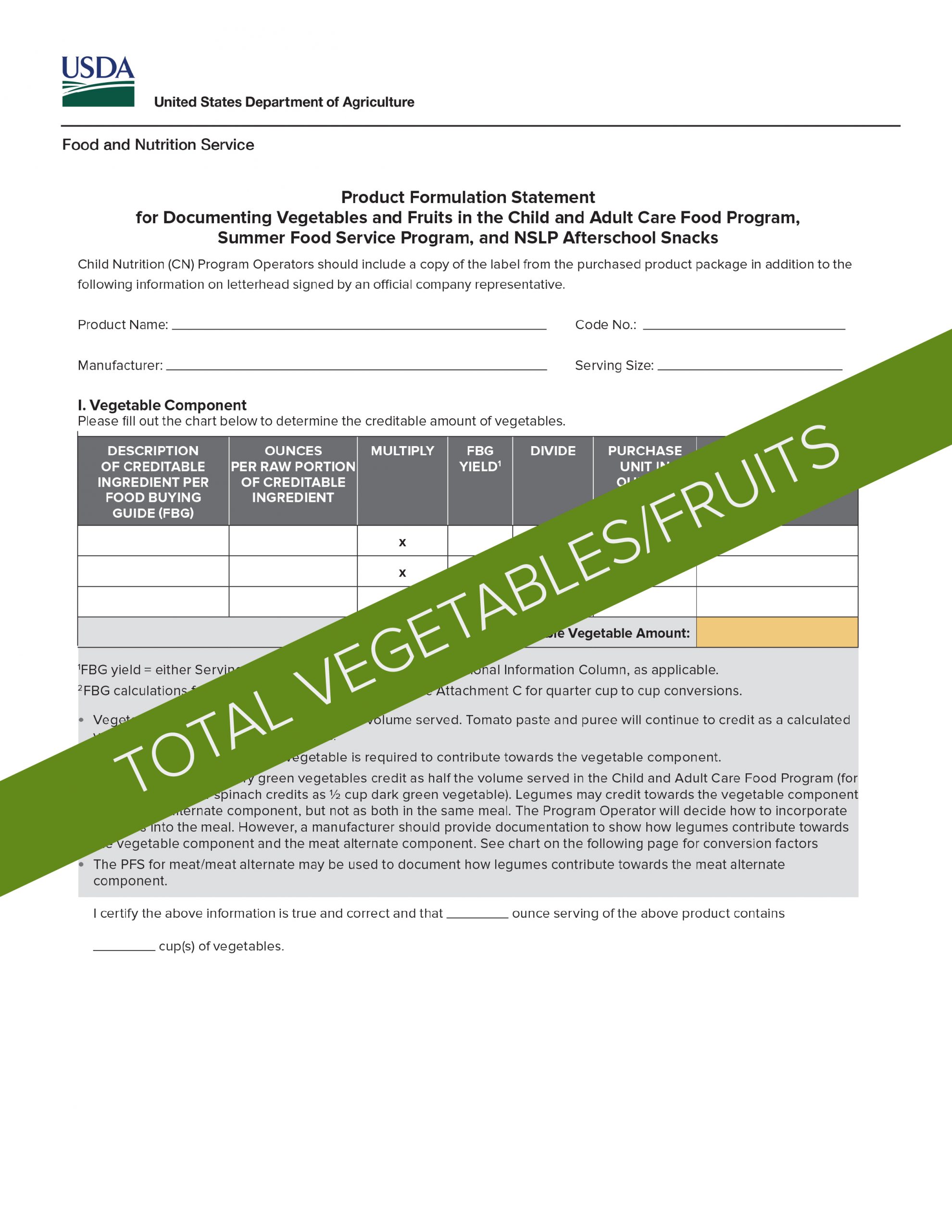 USDA Product Formulation Statement Template for Total Vegetables/Fruits
