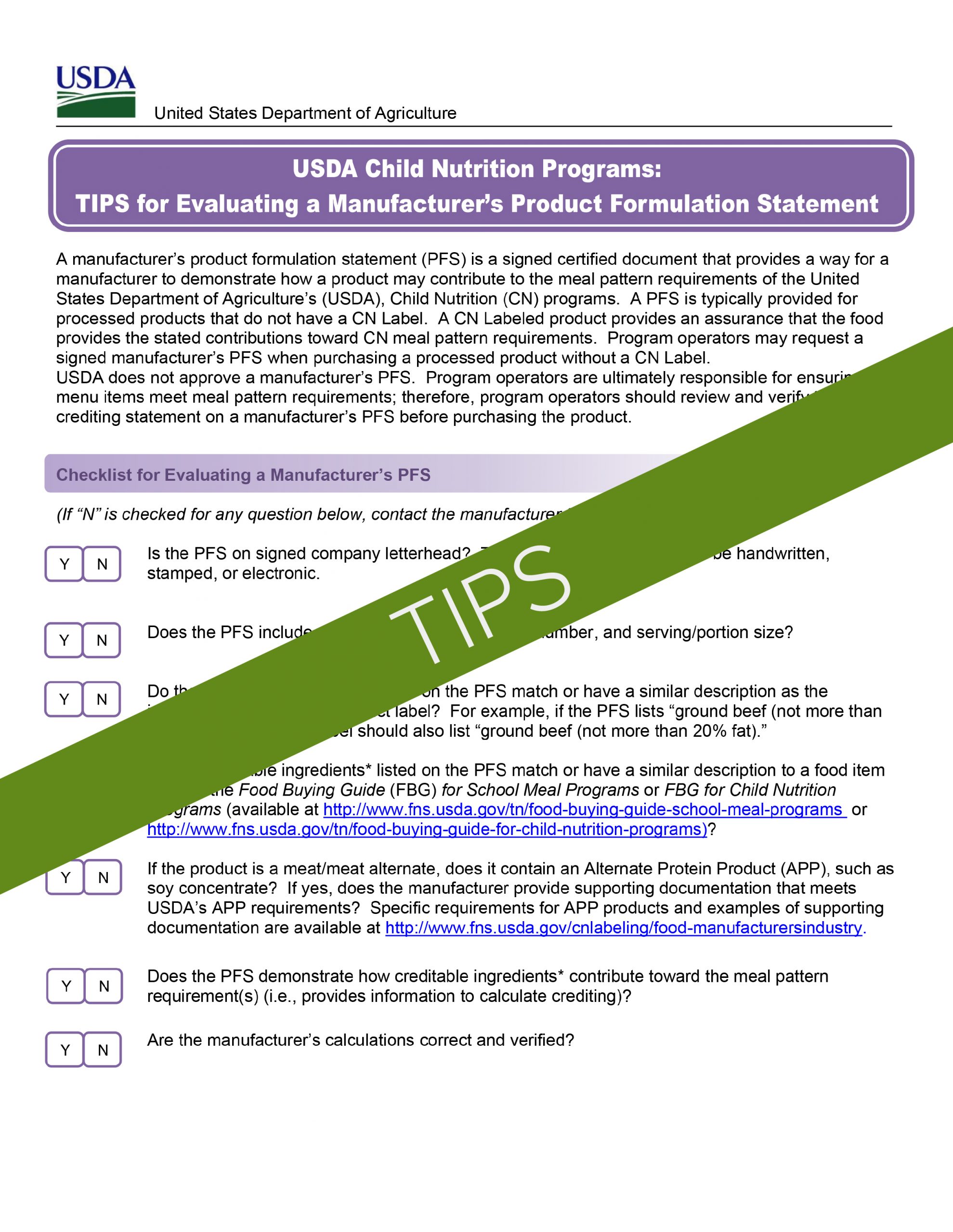 USDA Product Formulation Statement Tips Sheet