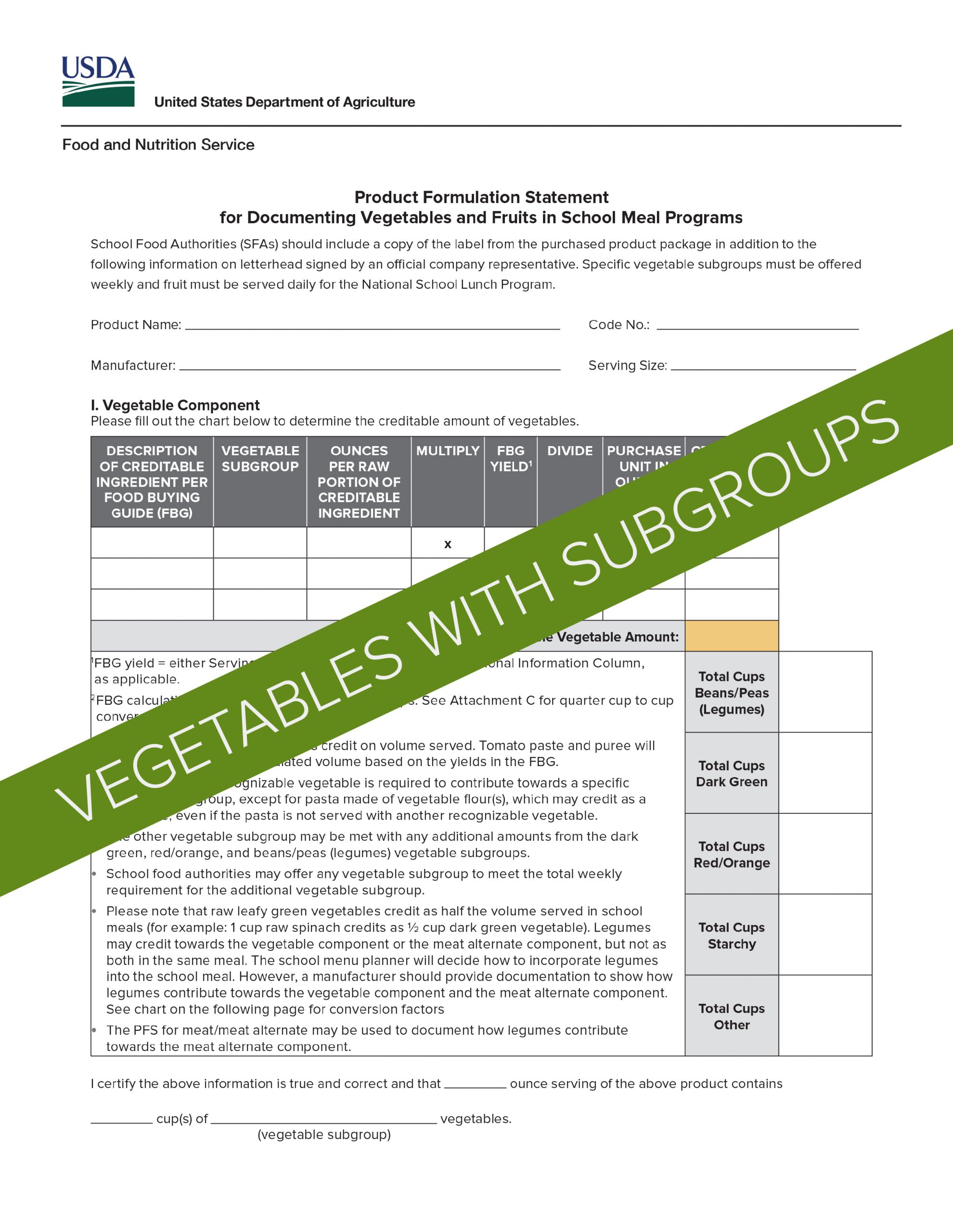 USDA Product Formulation Statement Template for Vegetables with Subgroups/Fruit