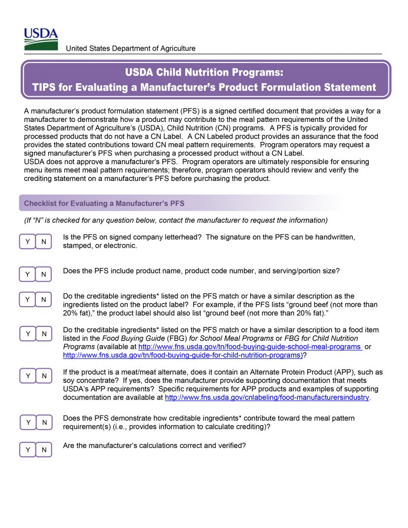 USDA Tips for Product Formulation Statement Templates My Food Program