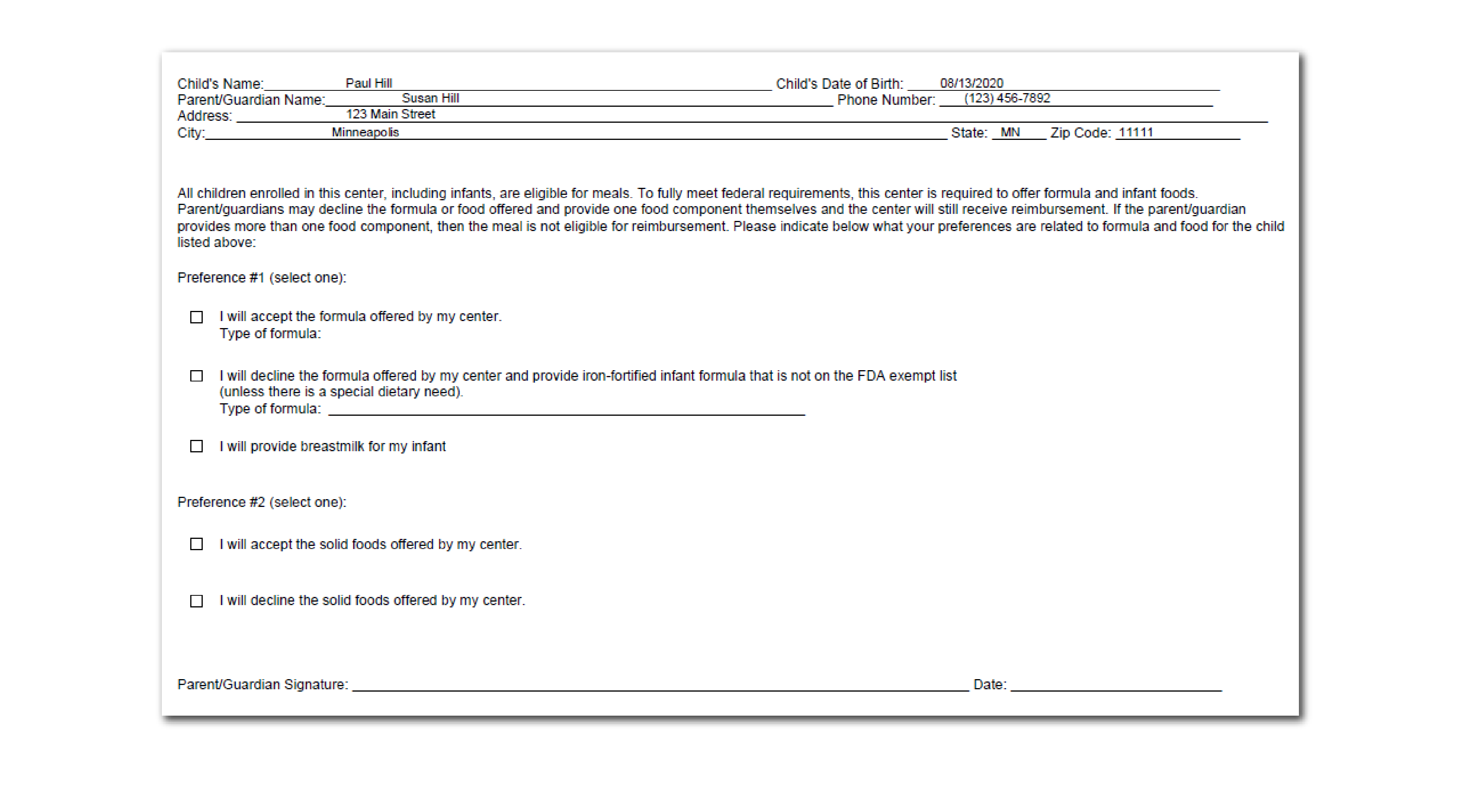 Infant Form Added to Prefilled Income/Enrollment Form