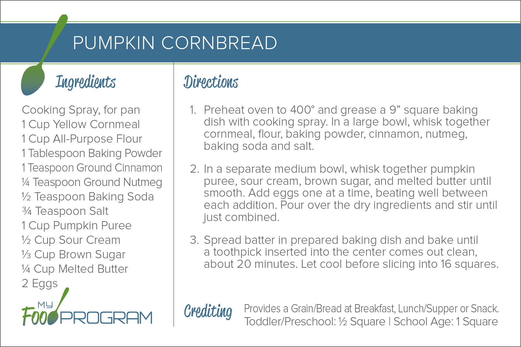 Pumpkin Cornbread Recipe Card