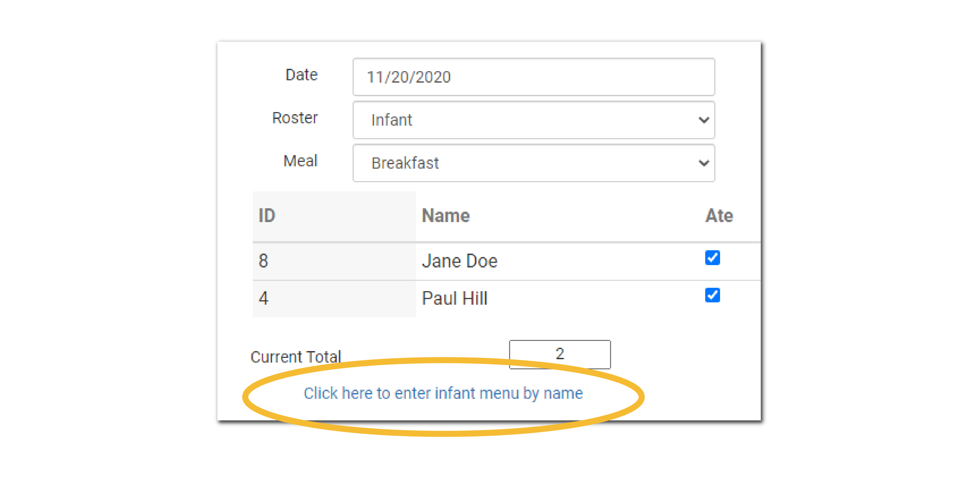 Hyperlink to Infant Menu by Name