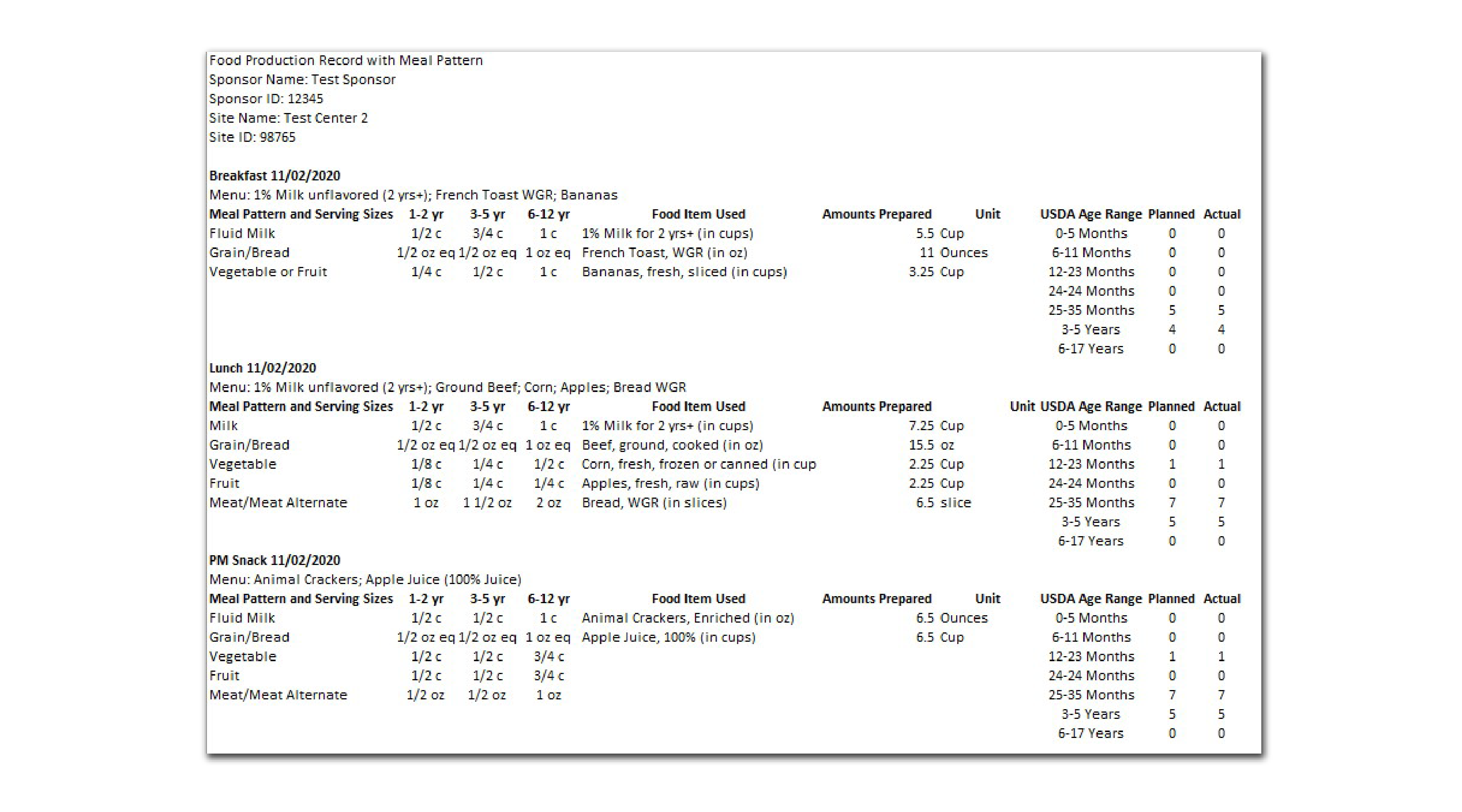 Food Production Spreadsheet with Meal Pattern