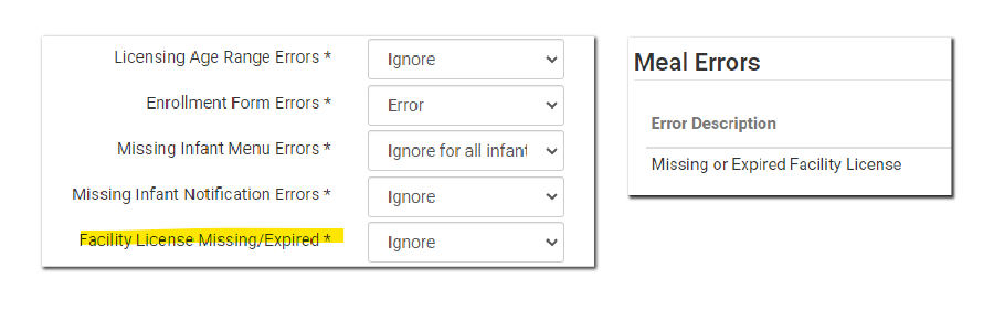 Disallow Meals if Facility License is Missing or Expired