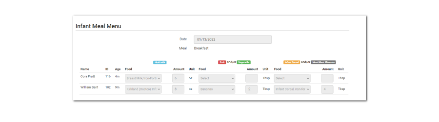 Infant Meal Menu