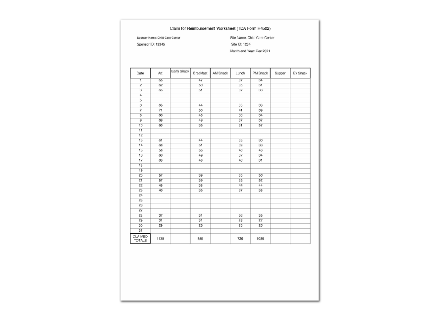 Claim for Reimbursement Worksheet Report