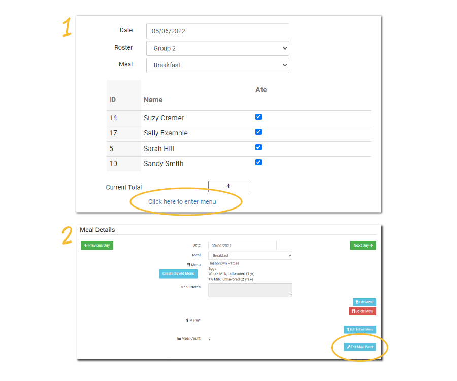 Navigation Between Menu and Meal Count