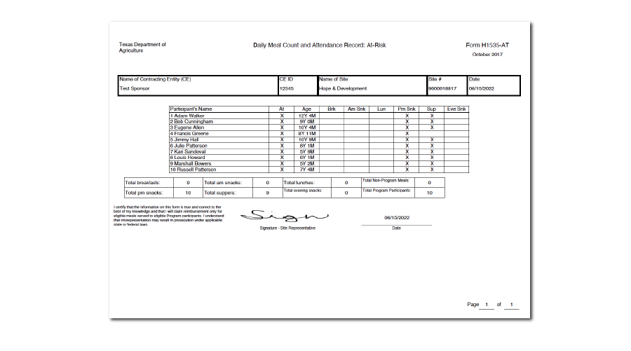 Daily Meal Count and Attendance Record