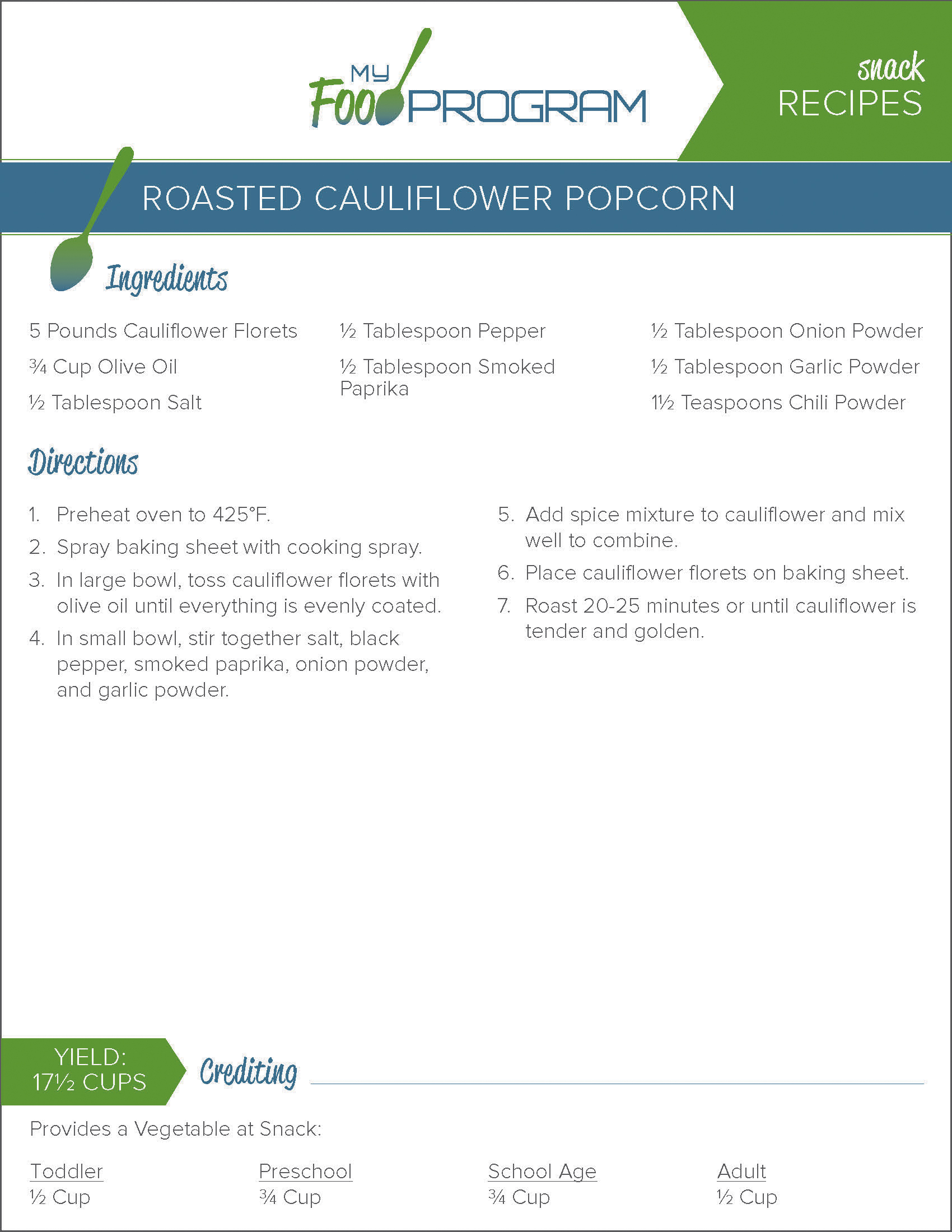 My Food Program Roasted Cauliflower Popcorn Recipe