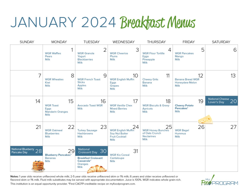 January 2024 Breakfast Menus