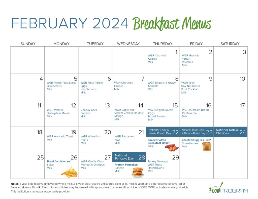 February 2024 Breakfast Menus