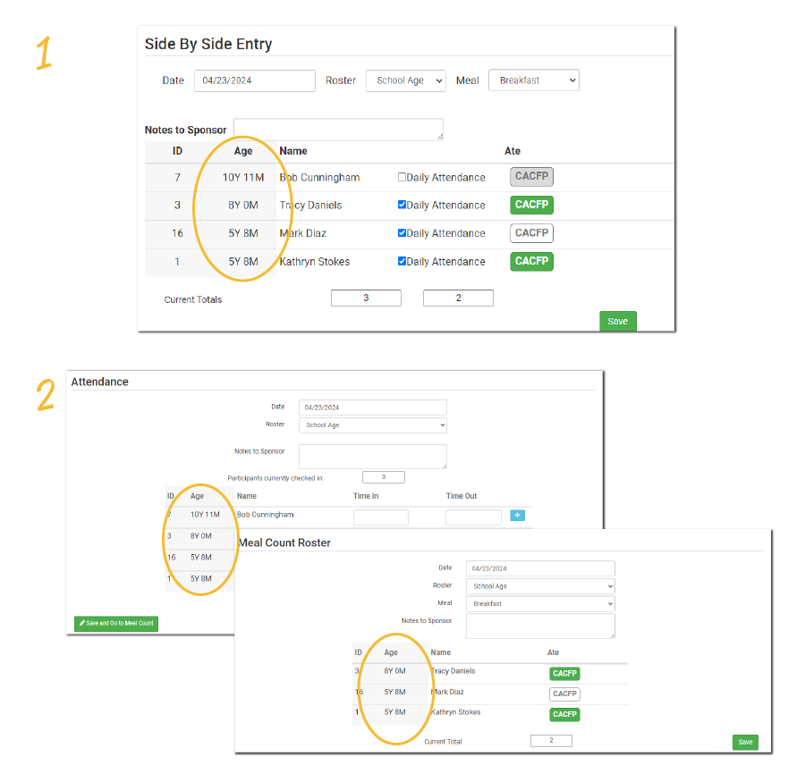 Participant Age on Attendance and Meal Count Screens