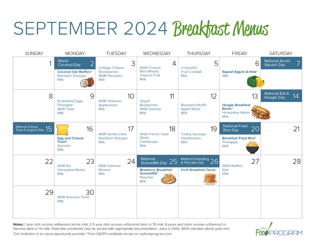 September 2024 Breakfast Menus