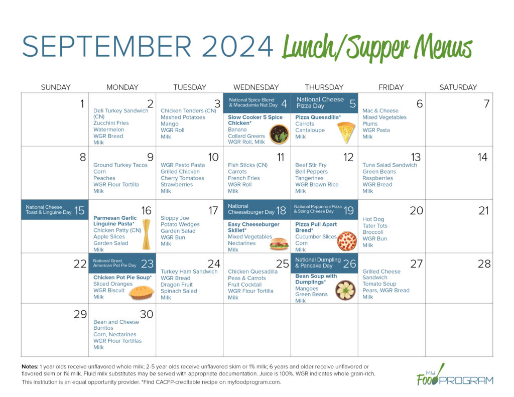 September 2024 Lunch/Supper Menus
