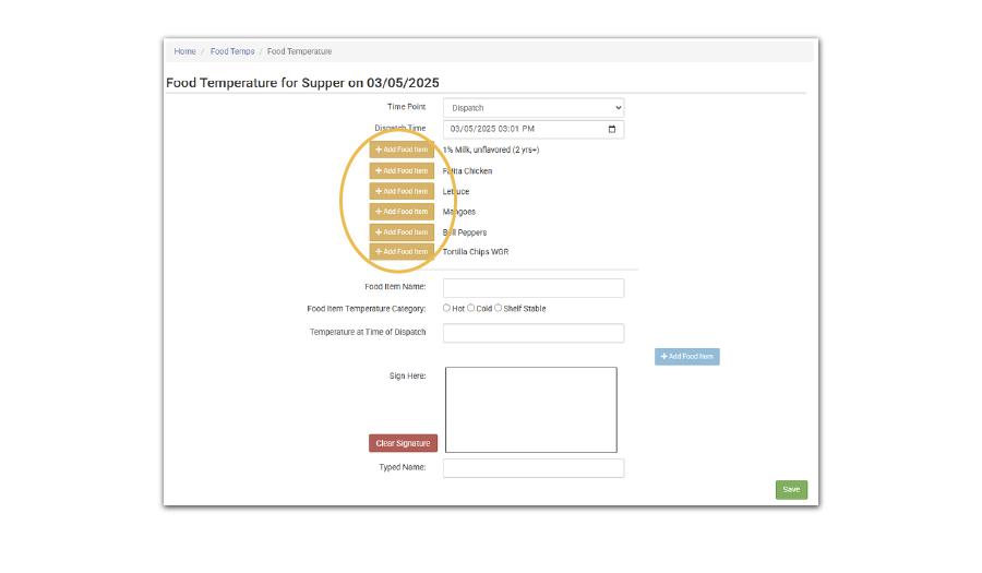Shortcut to Add Food Items to Temperature Tracking