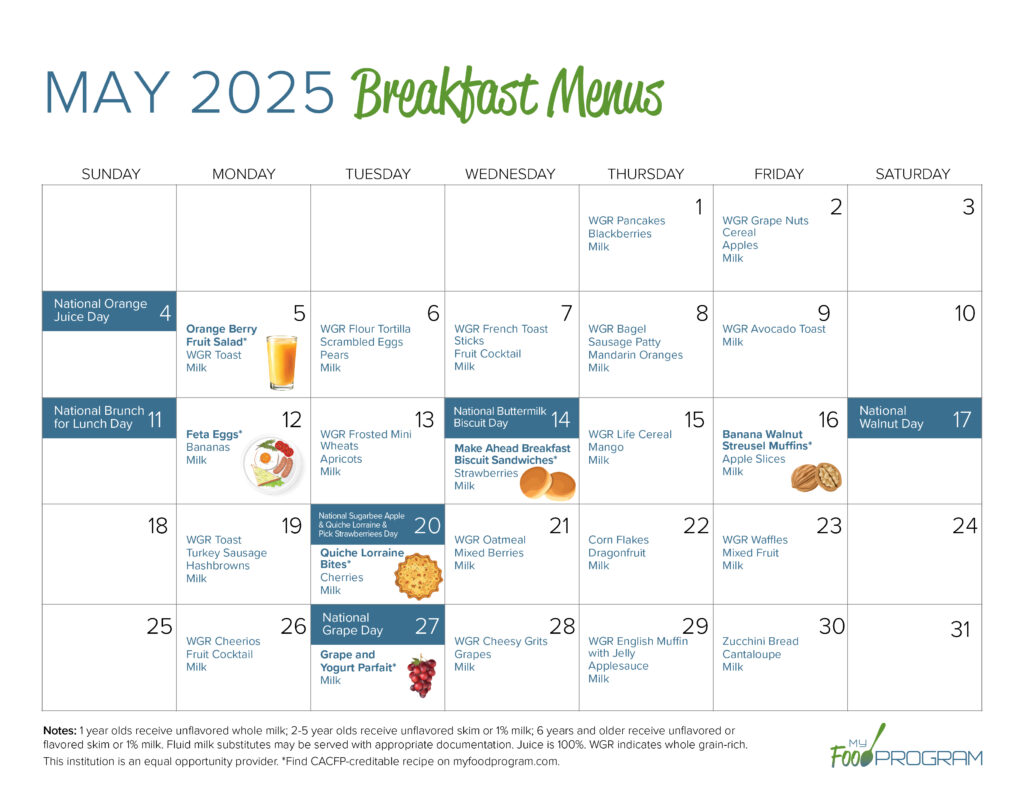 May 2025 Breakfast Menus