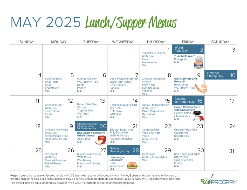 May 2025 Lunch/Supper Menus
