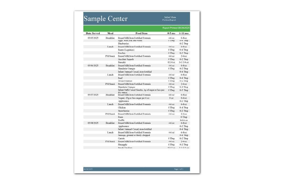 Print-Ready Portioned Menu for Infants