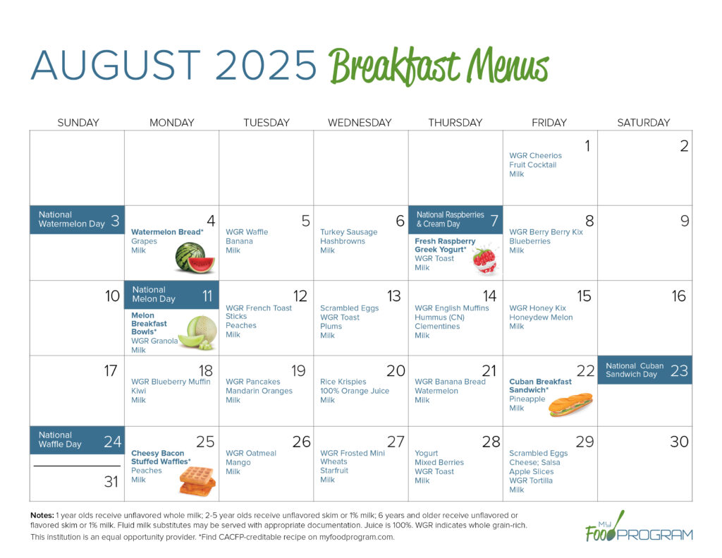 August 2025 Breakfast Menus