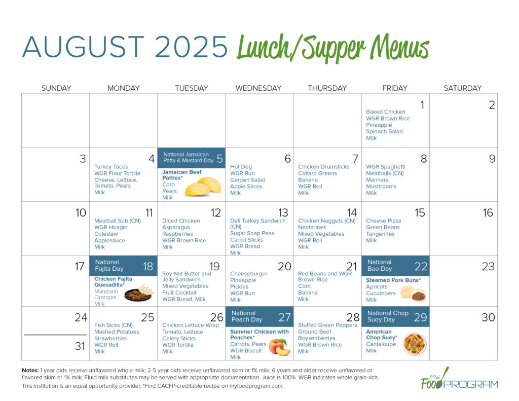 August 2025 Lunch/Supper Menus