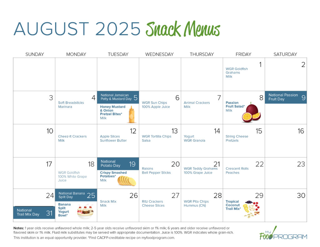 August 2025 Snack Menus