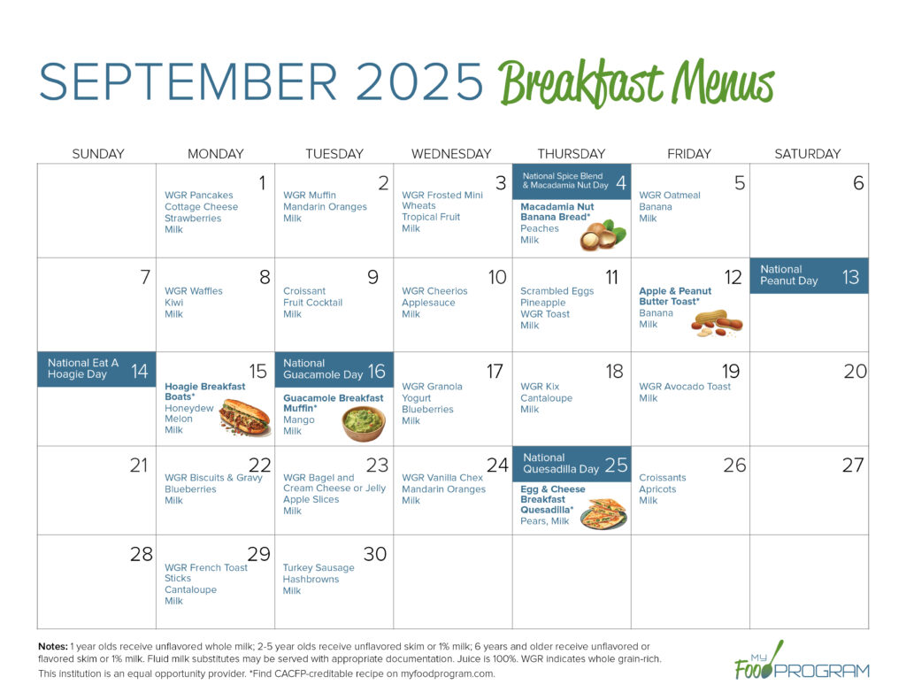 September 2025 Breakfast Menus