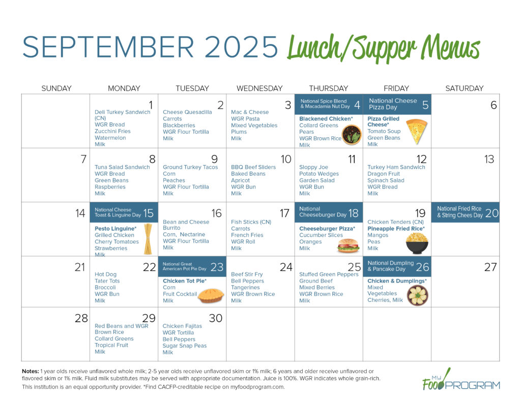 September 2025 Lunch/Supper Menus