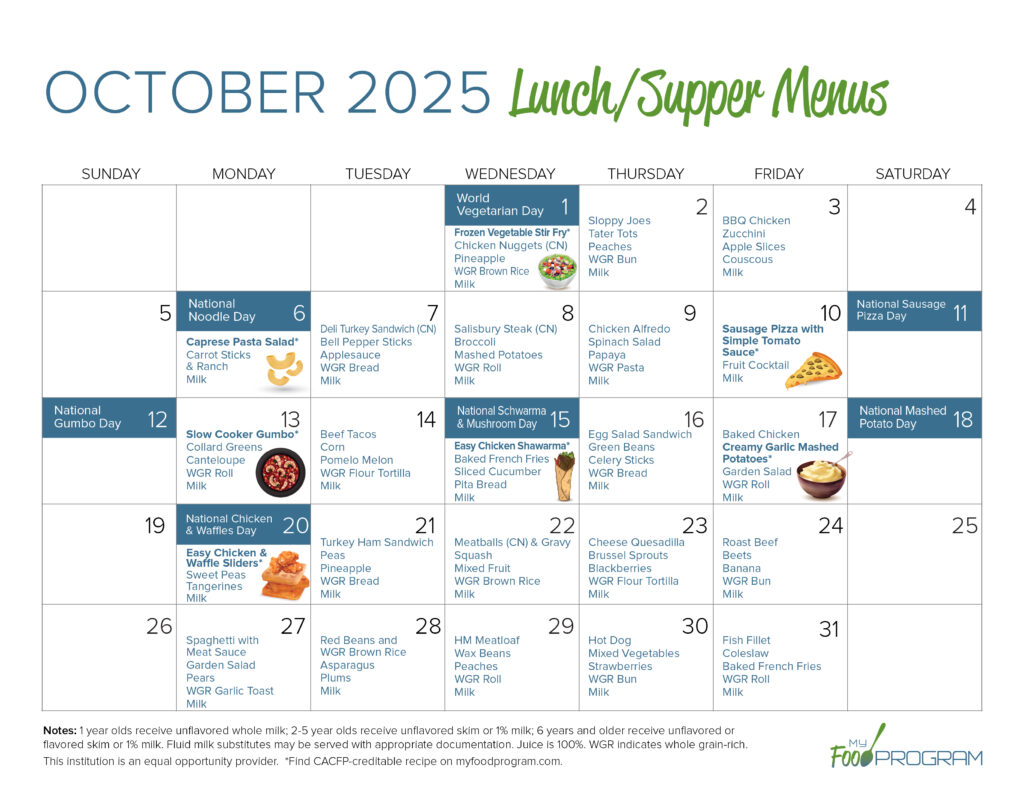 October 2025 Lunch/Supper Menus