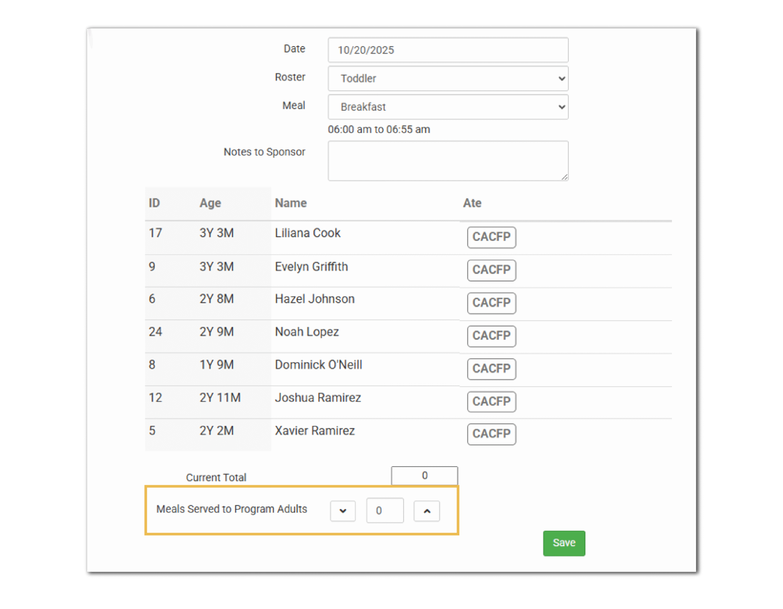 Record Adult Meal Headcount