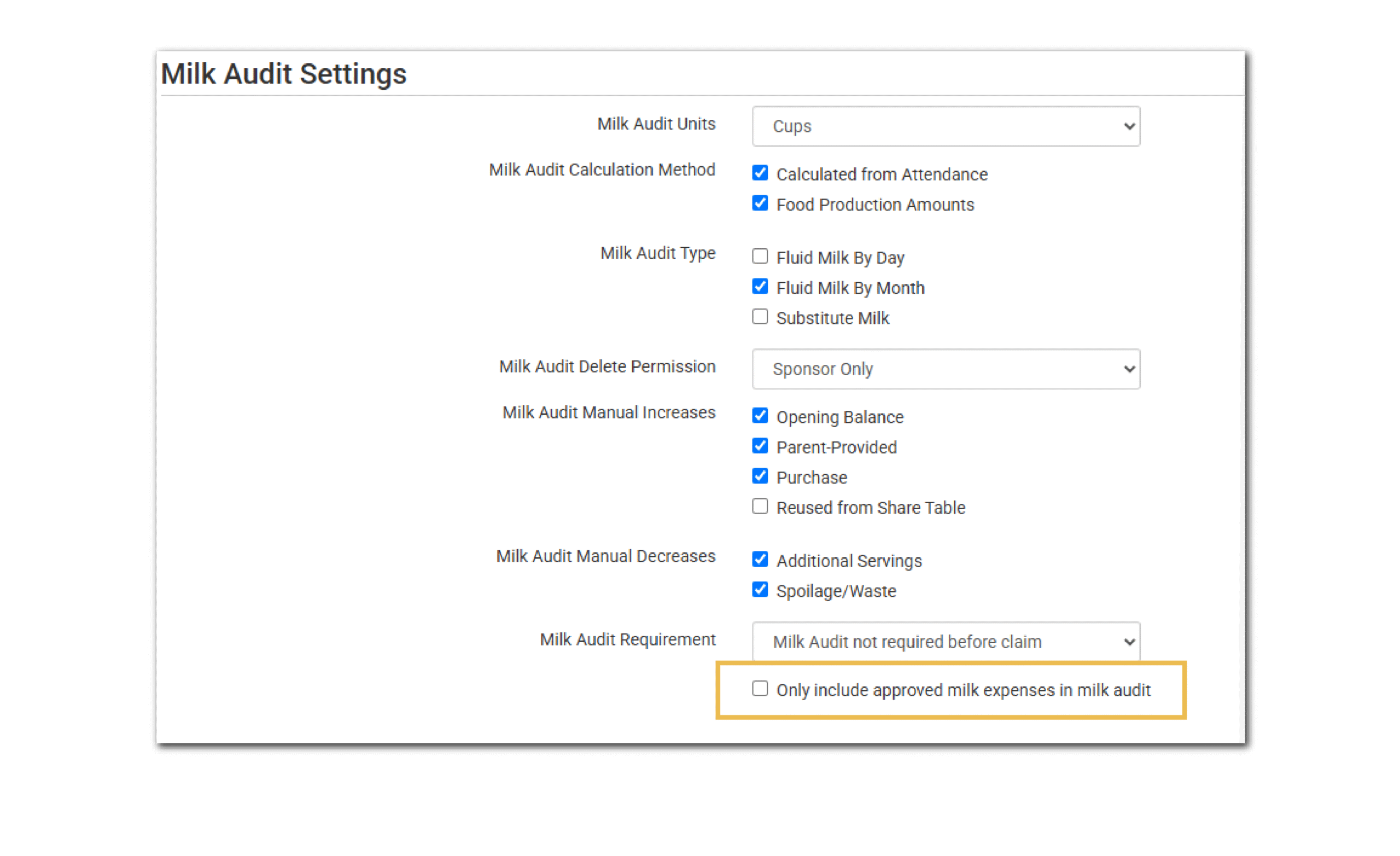 Milk Audit Settings
