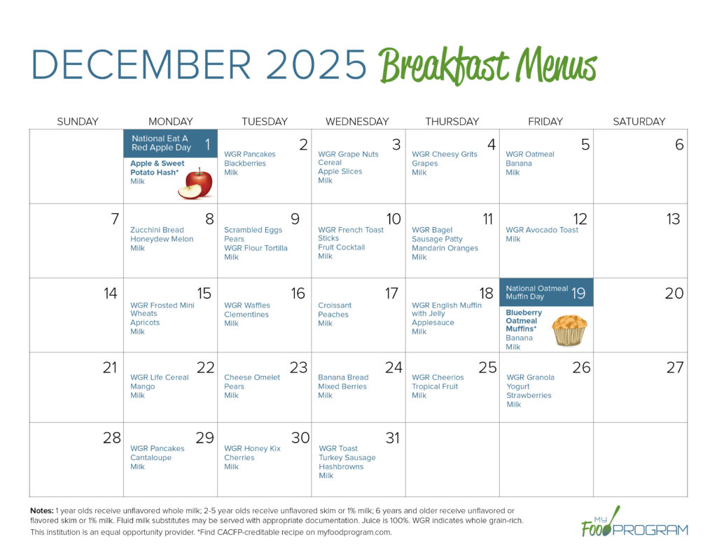 December 2025 Breakfast Menus