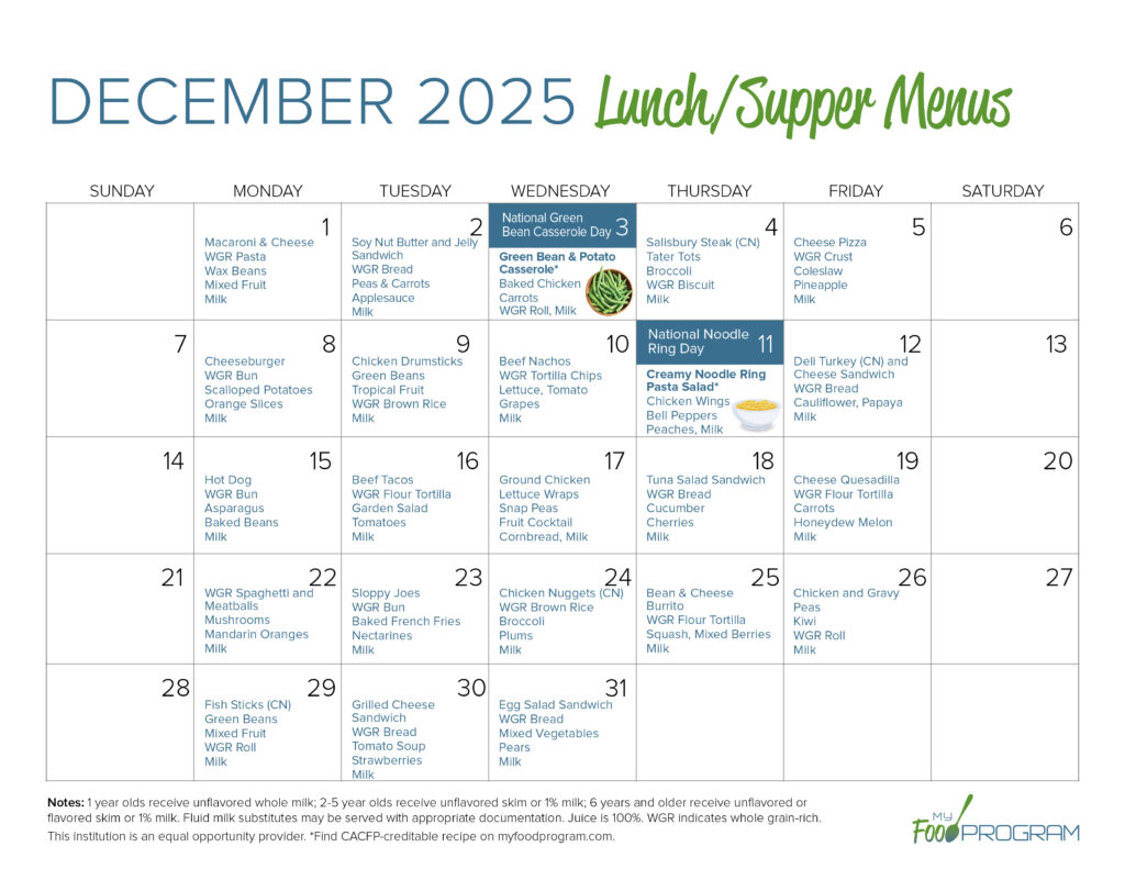 December 2025 Lunch/Supper Menus