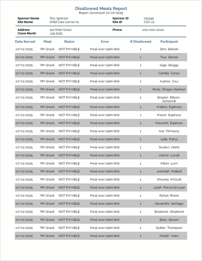 Disallowed Meals Report Sample