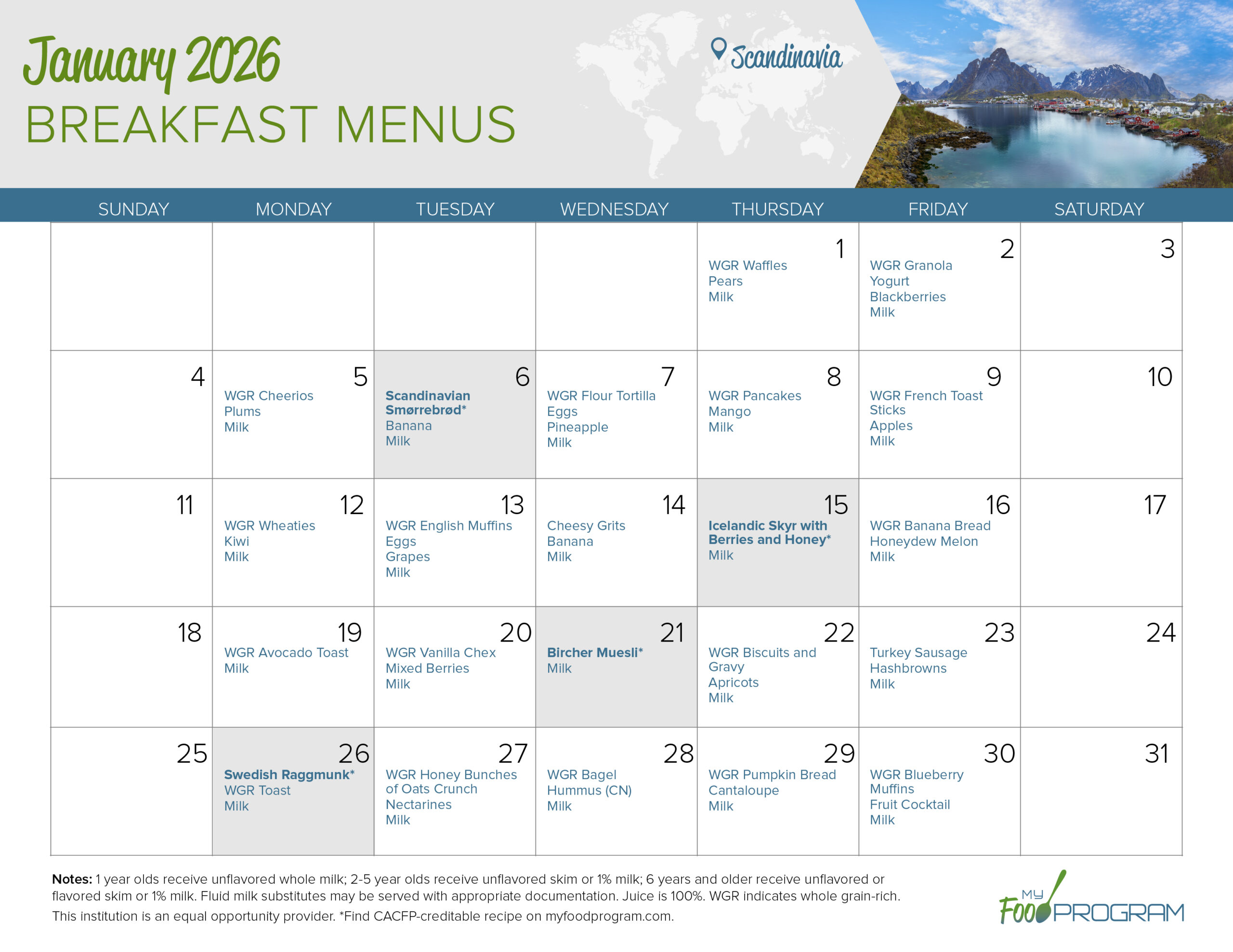 January 2026 Breakfast Menus