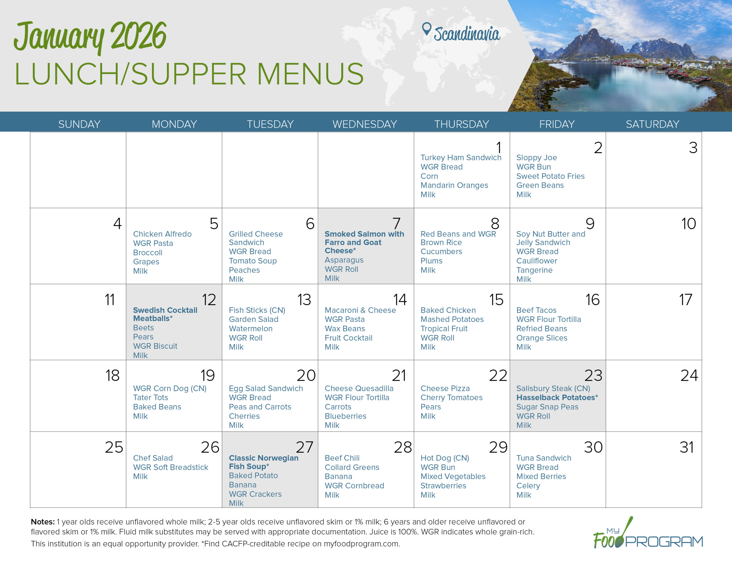 January 2026 Lunch/Supper Menus