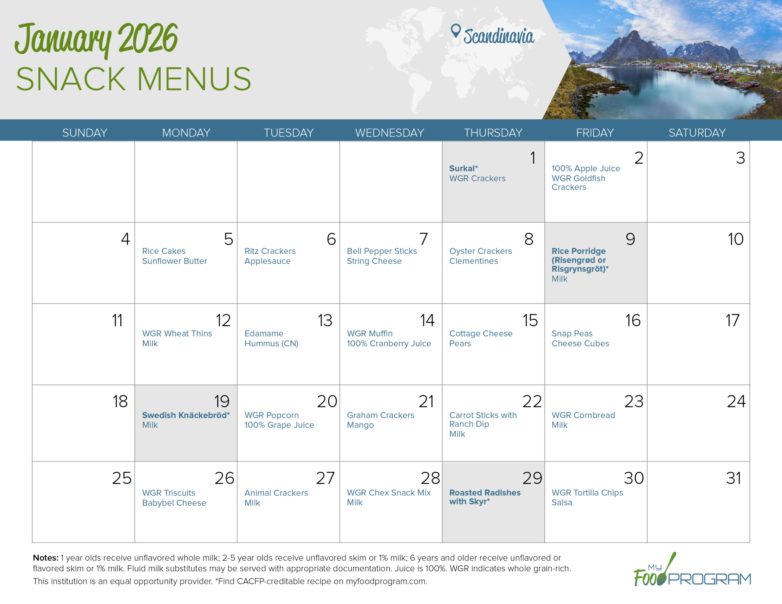 January 2026 Snack Menus