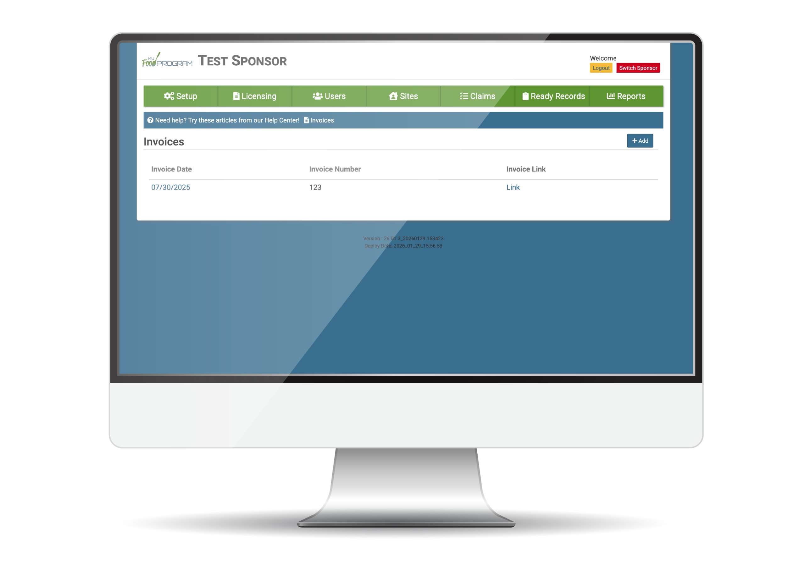 My Food Program Invoices Screen