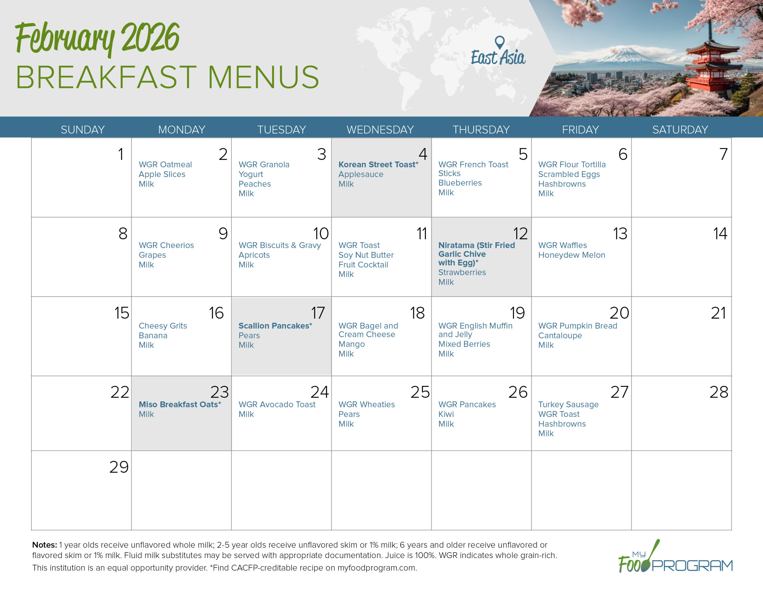February 2026 Breakfast Menus