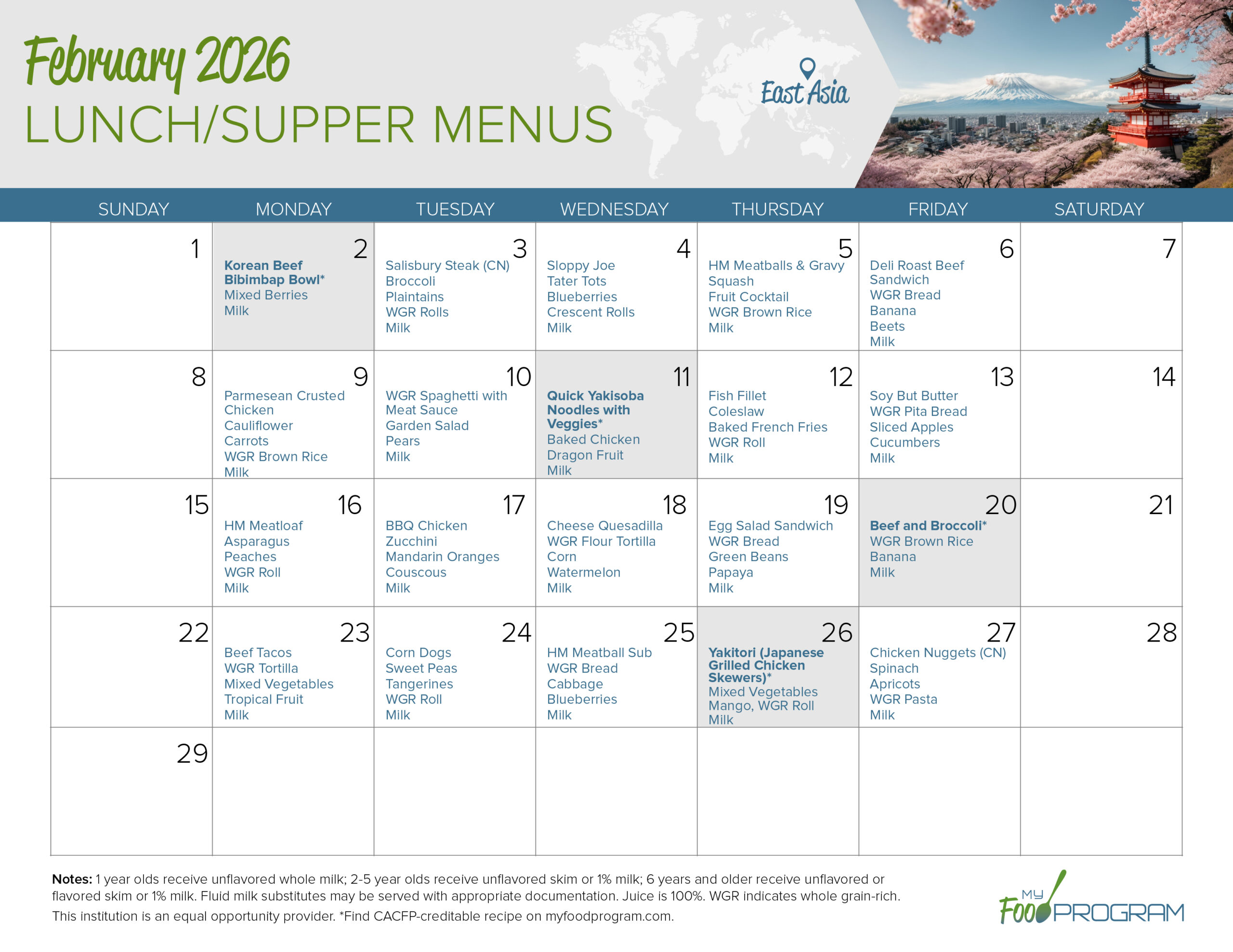 February 2026 Lunch/Supper Menus