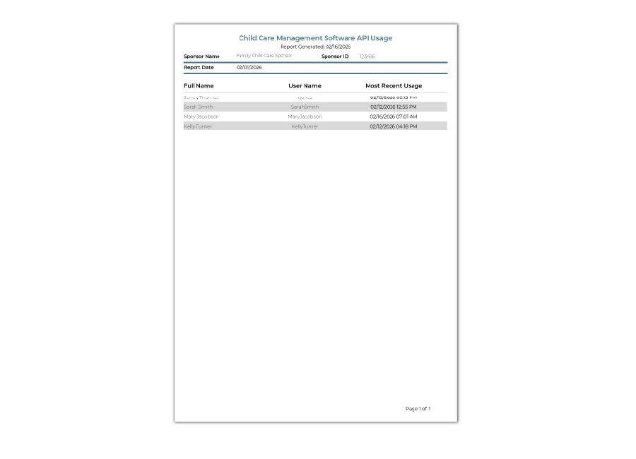 Child Care Management Software API Usage Report