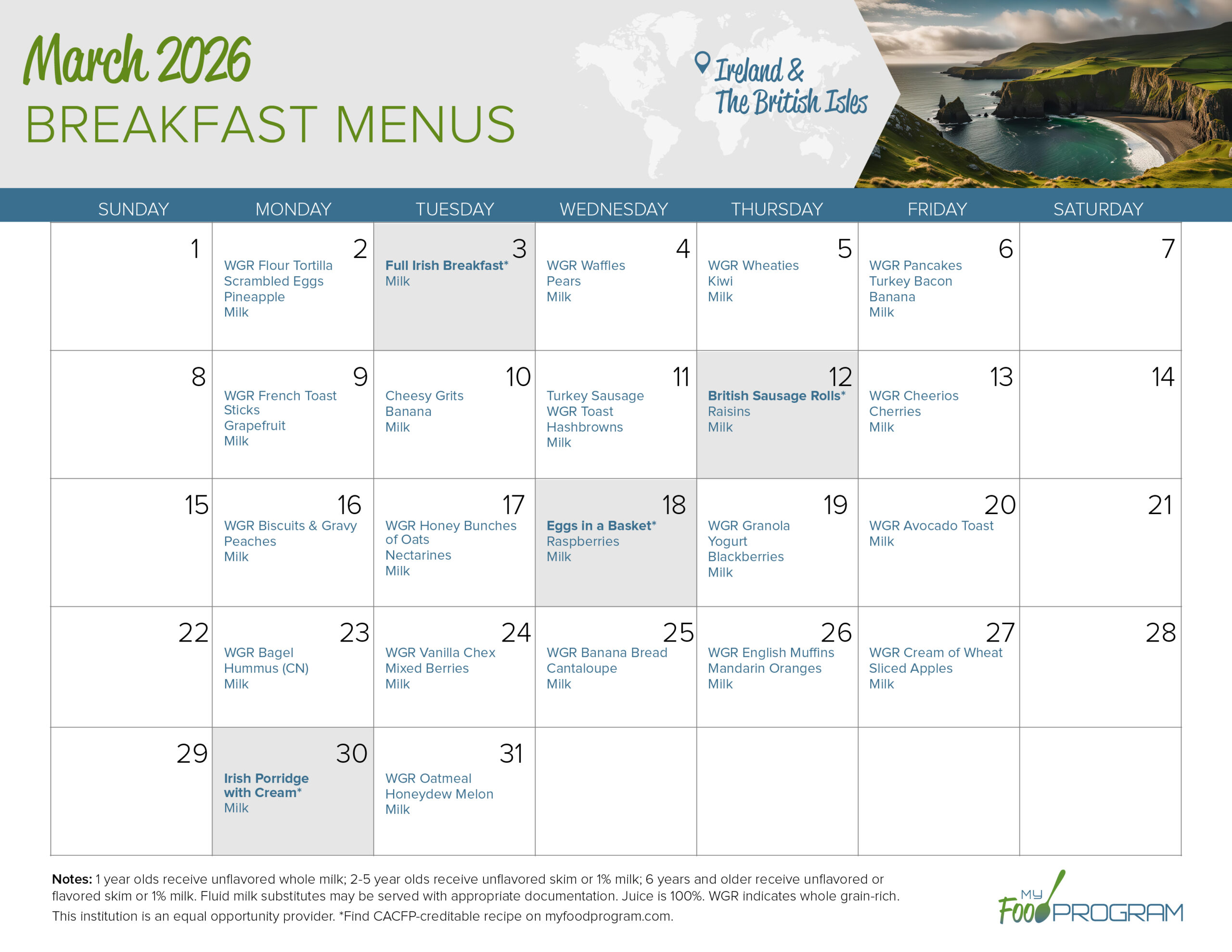 March 2026 Breakfast Menus