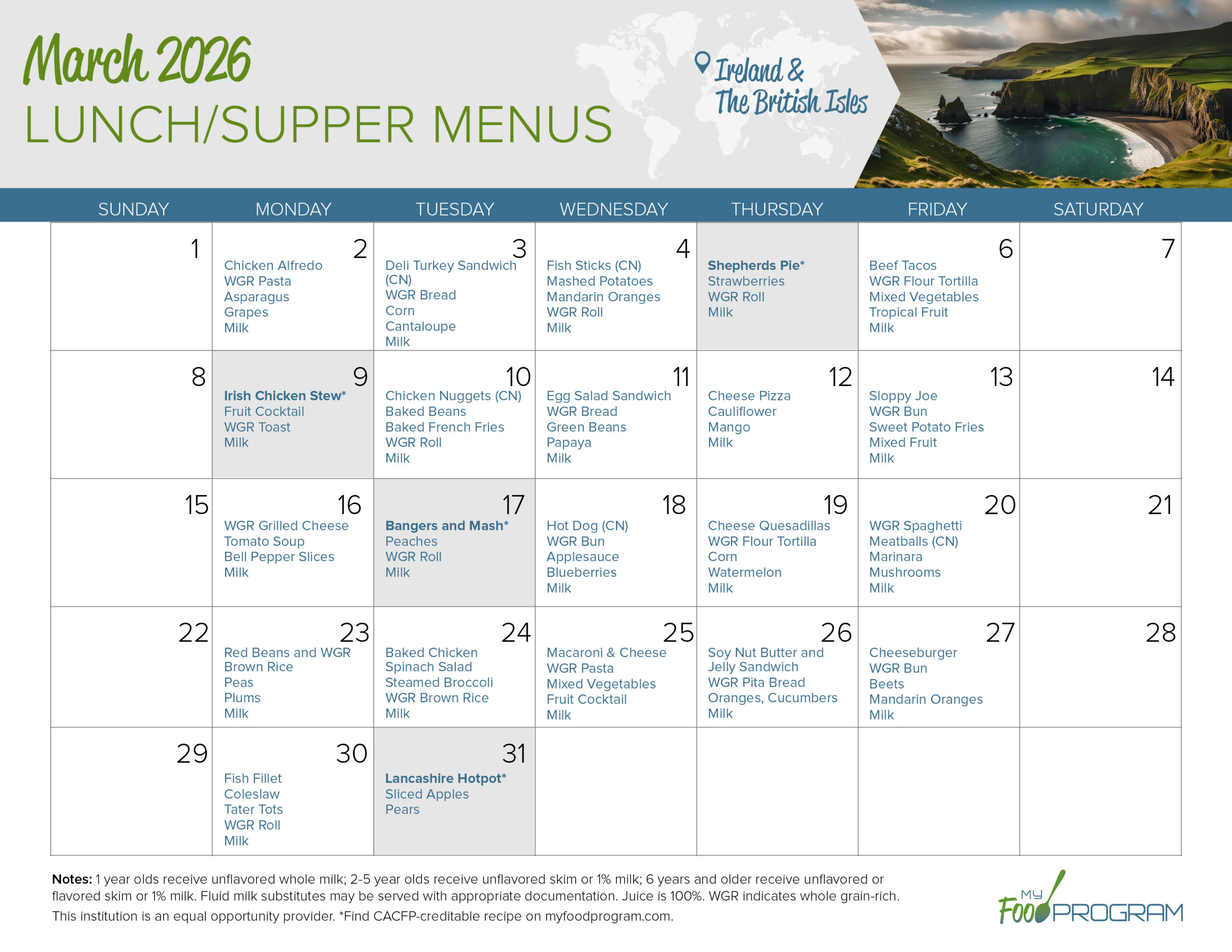 March 2026 Lunch/Supper Menus