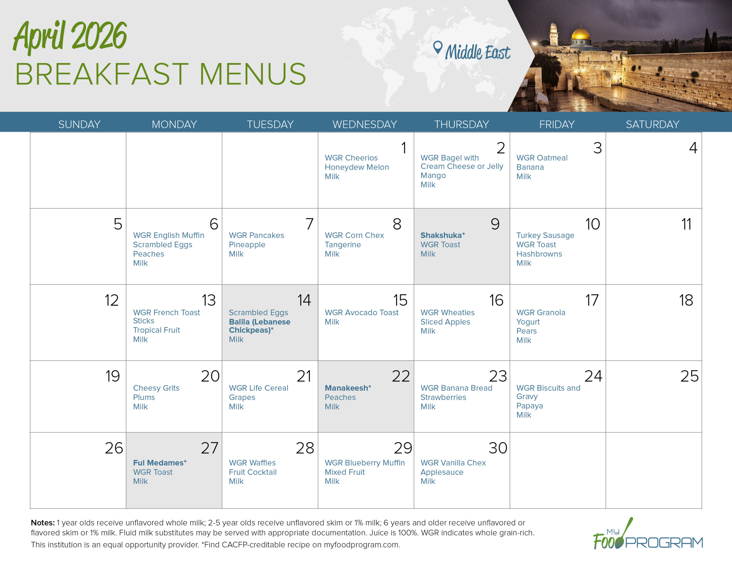April 2026 Breakfast Menus