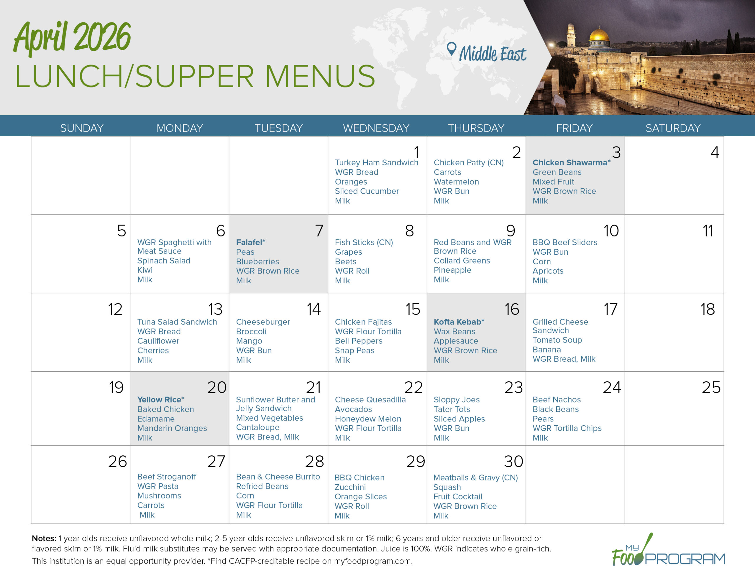 April 2026 Lunch/Supper Menus