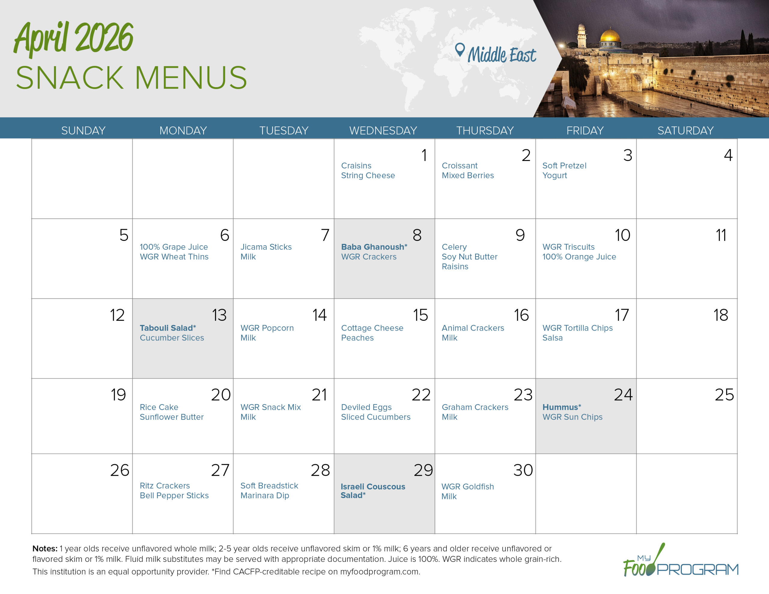 April 2026 Snack Menu